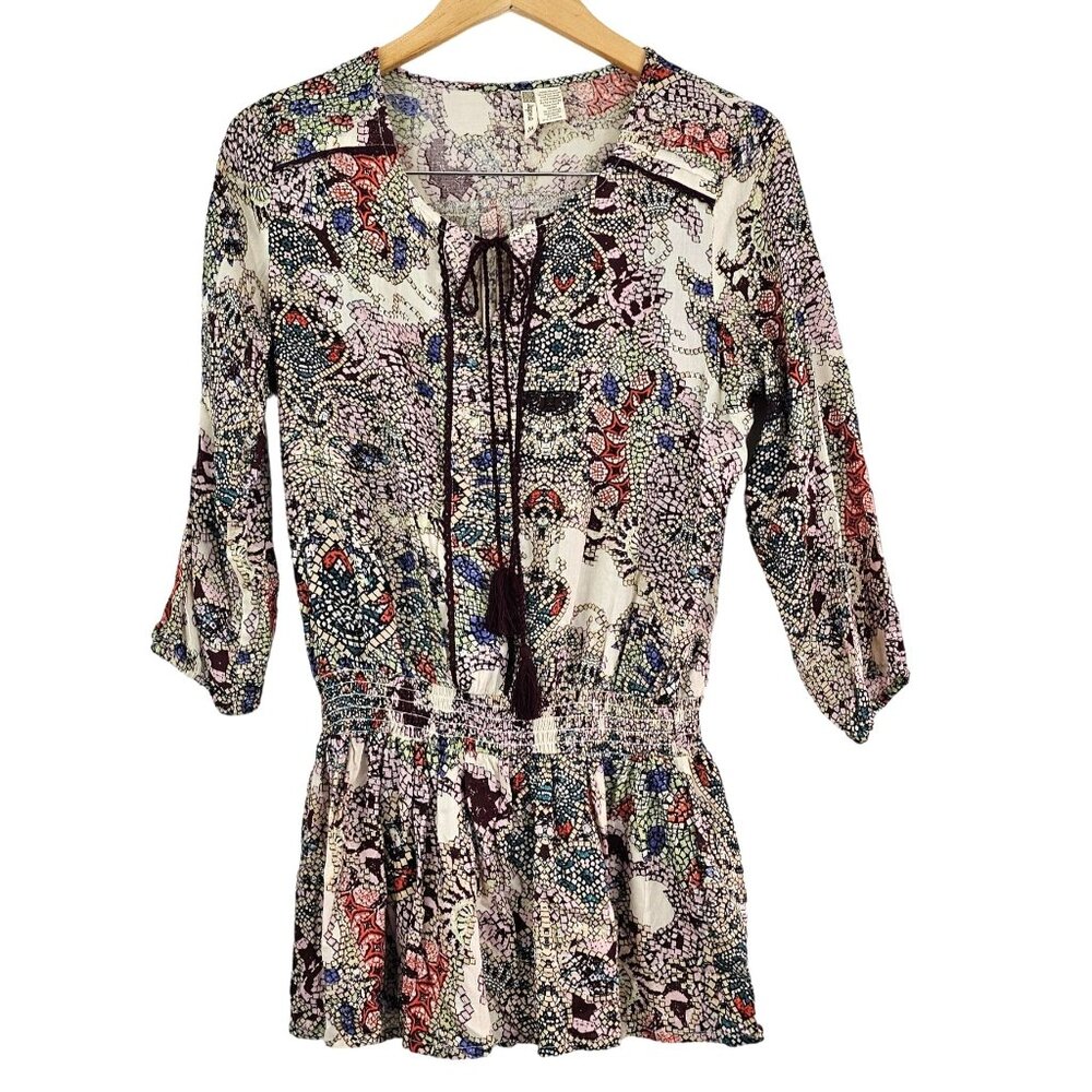 Japna Womens Sz M Vibrant Colorful Print Boho Top Tunic Tassel Hippie Blouse